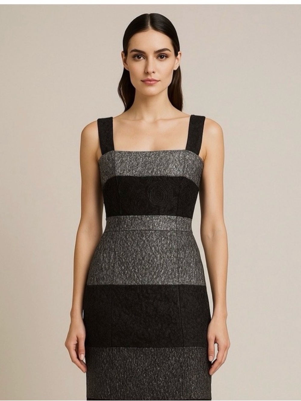 Dolce & Gabbana Gray and Black Striped Midi Sheath Dress